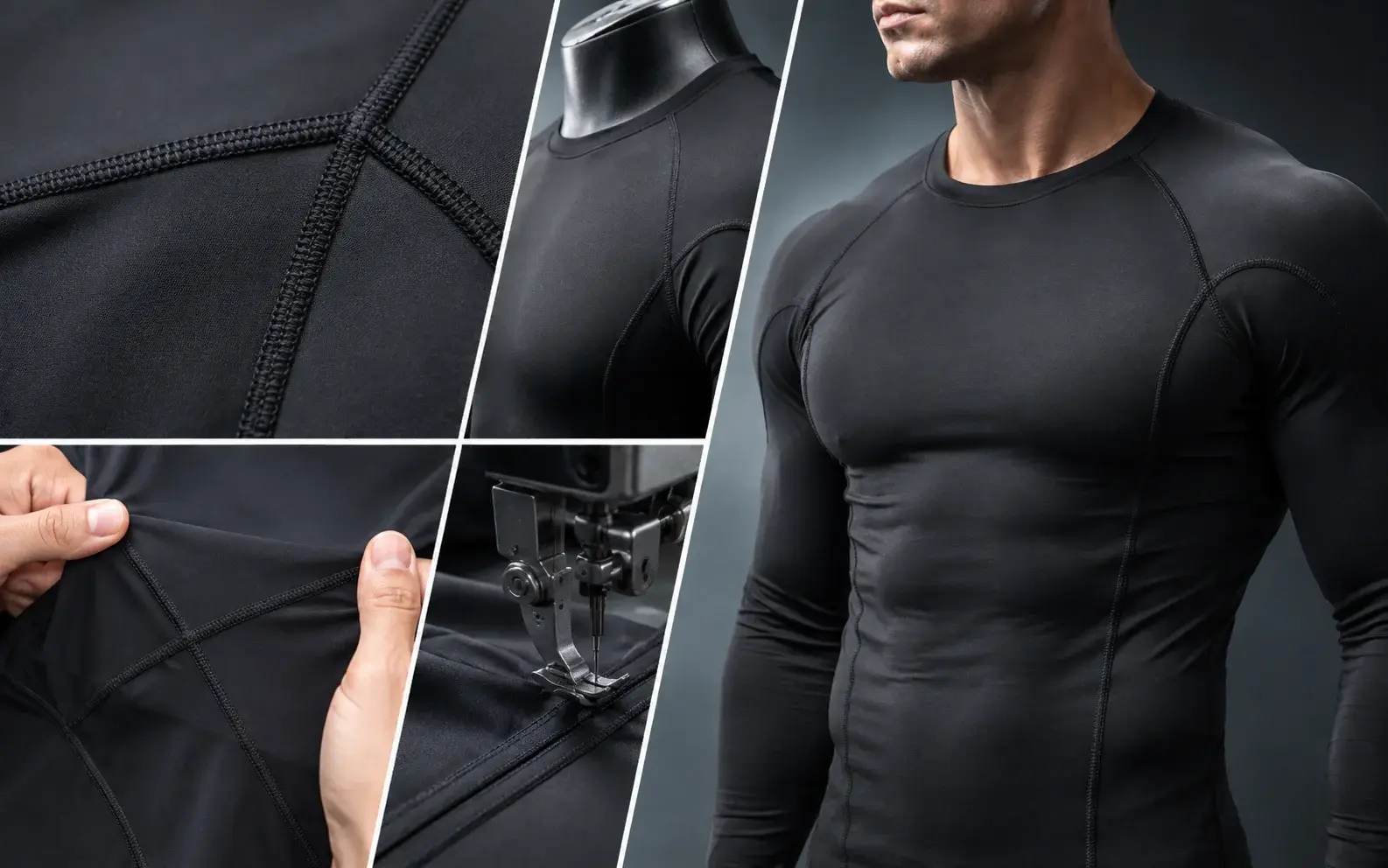 Close-up collage showing flatlock seams, stretch fabric, sewing construction, mannequin fitting, and a male model wearing a fitted black compression shirt.